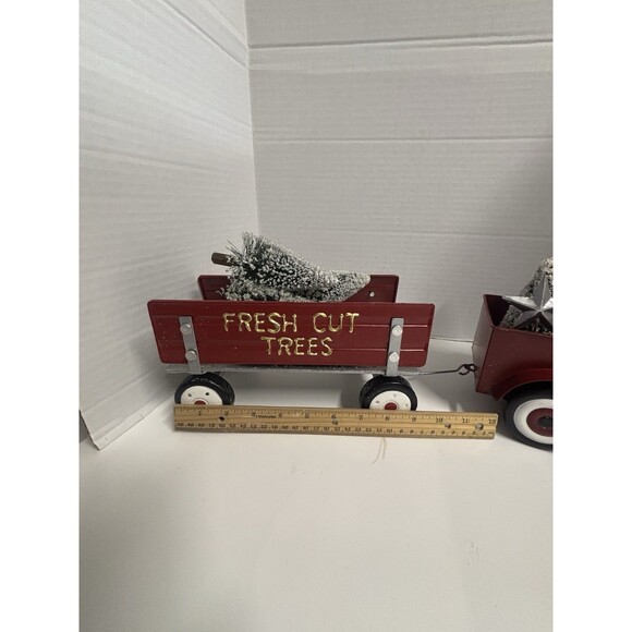 Vintage Style Red Metal Pickup Truck & Trailer Christmas Decoration Flocked Tree - Picture 2 of 9